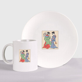 Набор: тарелка + кружка с принтом Японские Гейши Гравюра Укиё-э , керамика | Кружка: объем — 330 мл, диаметр — 80 мм. Принт наносится на бока кружки, можно сделать два разных изображения. 
Тарелка: диаметр - 210 мм, диаметр для нанесения принта - 120 мм. | art | geisha | geishas | japan | japanese | japanese girls | retro | ukiyo e | vintage | woman | women | арт | бидзин га | бидзинга | винтаж | живопись | иллюстрация | картина | картинка | ретро | эдо | япония | японская живопись | японские девушк