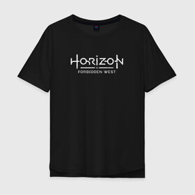 Мужская футболка хлопок Oversize с принтом Horizon Forbidden West , 100% хлопок | свободный крой, круглый ворот, “спинка” длиннее передней части | Тематика изображения на принте: aloy | dawn | forbidden | horizon | west | zero | вест | нора | племя | форбидден | хорайзен | хоризон | элой