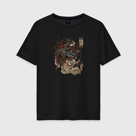 Женская футболка хлопок Oversize с принтом Warrior on Skull , 100% хлопок | свободный крой, круглый ворот, спущенный рукав, длина до линии бедер
 | samurai | войн | иероглифы | монстр | ниндзя | рыцарь | самурай | скелет | череп | япония