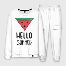 Мужской костюм хлопок с принтом HELLO SUMMER , 100% хлопок | на свитшоте круглая горловина, мягкая резинка по низу. Брюки заужены к низу, на них два вида карманов: два “обычных” по бокам и два объемных, с клапанами, расположенные ниже линии бедра. Брюки с мягкой трикотажной резинкой на поясе и по низу штанин. В поясе для дополнительного комфорта — широкие завязки | funny | happy | hello | icecream | rainbow | romantic | summer | sun | арбуз | веселье | значки | лето | отдых | отпуск | привет | романтика | солнце | счастье | тепло