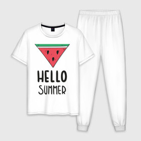 Мужская пижама хлопок с принтом HELLO SUMMER , 100% хлопок | брюки и футболка прямого кроя, без карманов, на брюках мягкая резинка на поясе и по низу штанин
 | Тематика изображения на принте: funny | happy | hello | icecream | rainbow | romantic | summer | sun | арбуз | веселье | значки | лето | отдых | отпуск | привет | романтика | солнце | счастье | тепло