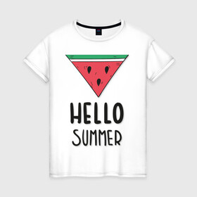 Женская футболка хлопок с принтом HELLO SUMMER , 100% хлопок | прямой крой, круглый вырез горловины, длина до линии бедер, слегка спущенное плечо | funny | happy | hello | icecream | rainbow | romantic | summer | sun | арбуз | веселье | значки | лето | отдых | отпуск | привет | романтика | солнце | счастье | тепло