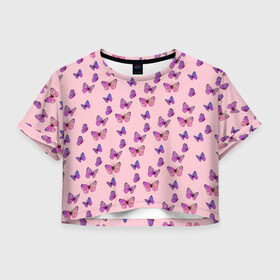 Женская футболка Crop-top 3D с принтом Бабочки фиолетовые 2 , 100% полиэстер | круглая горловина, длина футболки до линии талии, рукава с отворотами | Тематика изображения на принте: бабочка | бабочки | насекомые | нежный | рисунок | роза | сирень | цветочек | цветочный | цветы