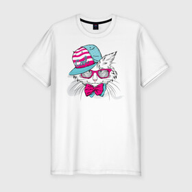 Мужская футболка хлопок Slim с принтом Cool Cat , 92% хлопок, 8% лайкра | приталенный силуэт, круглый вырез ворота, длина до линии бедра, короткий рукав | белый кот | иллюстрация | киска | котик | сats