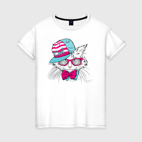 Женская футболка хлопок с принтом Cool Cat , 100% хлопок | прямой крой, круглый вырез горловины, длина до линии бедер, слегка спущенное плечо | белый кот | иллюстрация | киска | котик | сats