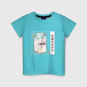Детская футболка хлопок с принтом Японское кавайное молоко , 100% хлопок | круглый вырез горловины, полуприлегающий силуэт, длина до линии бедер | anime | art | carton | cocktail | cute | food | japan | japanese | kanji | kawaii | manga | milk | алфавит | аниме | арт | в японском стиле | звёзды | кандзи | картон | манга | милота | молочный коктейль | облака | стиль токио | японские буквы 