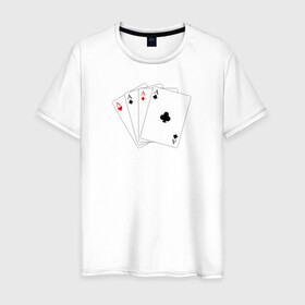 Мужская футболка хлопок с принтом Четыре карты , 100% хлопок | прямой крой, круглый вырез горловины, длина до линии бедер, слегка спущенное плечо. | буби | игральные карты | иллюстрация | каре | туз | черви