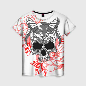 Женская футболка 3D с принтом Череп с рогами , 100% полиэфир ( синтетическое хлопкоподобное полотно) | прямой крой, круглый вырез горловины, длина до линии бедер | рога | розы | сатана | цветы | череп | черепок