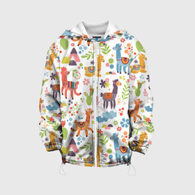 Детская куртка 3D с принтом Ламы , 100% полиэстер | застежка — молния, подол и капюшон оформлены резинкой с фиксаторами, по бокам — два кармана без застежек, один потайной карман на груди, плотность верхнего слоя — 90 г/м2; плотность флисового подклада — 260 г/м2 | Тематика изображения на принте: animals | art | background | cacti | flowers | llamas | texture | арт | животные | кактусы | ламы | текстура | фон | цветочки | цветы