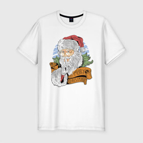 Мужская футболка хлопок Slim с принтом Merry Christmas , 92% хлопок, 8% лайкра | приталенный силуэт, круглый вырез ворота, длина до линии бедра, короткий рукав | cанта | дед мороз | иллюстрация | рождество | сочельник