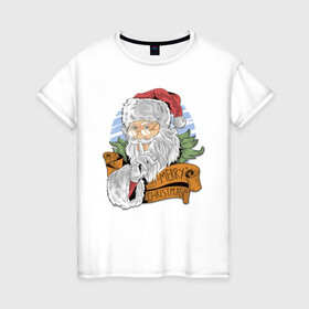 Женская футболка хлопок с принтом Merry Christmas , 100% хлопок | прямой крой, круглый вырез горловины, длина до линии бедер, слегка спущенное плечо | cанта | дед мороз | иллюстрация | рождество | сочельник