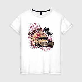 Женская футболка хлопок с принтом California , 100% хлопок | прямой крой, круглый вырез горловины, длина до линии бедер, слегка спущенное плечо | авто | автомобиль | иллюстрация | машина | пальмы
