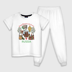 Детская пижама хлопок с принтом From Russia With Love , 100% хлопок |  брюки и футболка прямого кроя, без карманов, на брюках мягкая резинка на поясе и по низу штанин
 | Тематика изображения на принте: балалайка | береза | иллюстрация | медведь | раша | самовар | собор | туризм