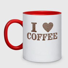 Кружка двухцветная с принтом Я люблю кофе , керамика | объем — 330 мл, диаметр — 80 мм. Цветная ручка и кайма сверху, в некоторых цветах — вся внутренняя часть | Тематика изображения на принте: coffee | кофе | кофейные зёрна | любовь | сердце