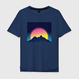 Мужская футболка хлопок Oversize с принтом Vaporwave Mountain Sunset , 100% хлопок | свободный крой, круглый ворот, “спинка” длиннее передней части | chill | chilled cow | fashion | landscape | lo fi hip hop | lofi | music | retrowave | stars | synthpop | synthwave | zen | вапорвейв | горы | дзен | закат | звёзды | музыка | небо | ночное небо | паровая волна | пейзаж | ретровейв | синтвейв | синтпоп | 