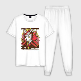 Мужская пижама хлопок с принтом Японский кот самурай , 100% хлопок | брюки и футболка прямого кроя, без карманов, на брюках мягкая резинка на поясе и по низу штанин
 | art | cat | cyberpunk samurai | ninja | oni | ronin | samurai | shogun | yakuza | арт | воин | воитель | киберпанк самурай | кошка | мерч | прикол | путь воина | путь война | ронин | сёгун | сепукку | токио | харакири | черный самурай