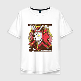 Мужская футболка хлопок Oversize с принтом Японский кот самурай , 100% хлопок | свободный крой, круглый ворот, “спинка” длиннее передней части | art | cat | cyberpunk samurai | ninja | oni | ronin | samurai | shogun | yakuza | арт | воин | воитель | киберпанк самурай | кошка | мерч | прикол | путь воина | путь война | ронин | сёгун | сепукку | токио | харакири | черный самурай