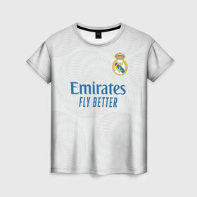Женская футболка 3D с принтом Реал Мадрид форма 2021/2022 , 100% полиэфир ( синтетическое хлопкоподобное полотно) | прямой крой, круглый вырез горловины, длина до линии бедер | 2021 | 2022 | madrid | real | испания | мадрид | новая | реал | реал мадрид | форма | футбол