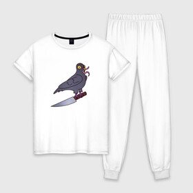 Женская пижама хлопок с принтом Опасный голубь , 100% хлопок | брюки и футболка прямого кроя, без карманов, на брюках мягкая резинка на поясе и по низу штанин | голубь | крылья | нож | перья | полёт | птица | червяк