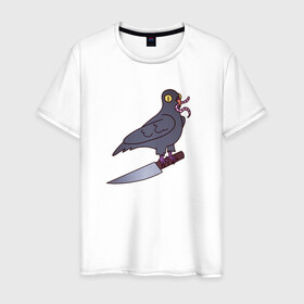 Мужская футболка хлопок с принтом Опасный голубь , 100% хлопок | прямой крой, круглый вырез горловины, длина до линии бедер, слегка спущенное плечо. | голубь | крылья | нож | перья | полёт | птица | червяк