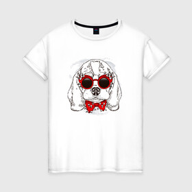 Женская футболка хлопок с принтом Собака в очках , 100% хлопок | прямой крой, круглый вырез горловины, длина до линии бедер, слегка спущенное плечо | dog | в очках | крутой | мопс | пес | с бантиком | собака | шипы | щенок