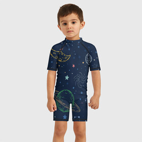 Детский купальный костюм 3D с принтом Космическая одиссея , Полиэстер 85%, Спандекс 15% | застежка на молнии на спине | background | галактика | звёзды | иллюстрация | луна | планеты