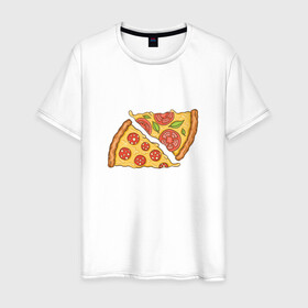 Мужская футболка хлопок с принтом Два кусочка пиццы  , 100% хлопок | прямой крой, круглый вырез горловины, длина до линии бедер, слегка спущенное плечо. | chees | cheesy | fast food | fastfood | food | love | margarita | pepperoni | pizza | pizza lover | pizza margherita | slice | two pizza slices | базилик | колбаса | колбаска | люблю пиццу | любовь | маргарита | овощи | пепперони | помидоры | сыр | тянущи