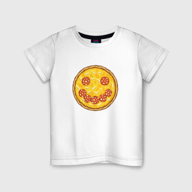 Детская футболка хлопок с принтом Пицца в виде смайлика | Smile  , 100% хлопок | круглый вырез горловины, полуприлегающий силуэт, длина до линии бедер | chees | cheesy | fast food | fastfood | food | love | margarita | pepperoni | pizza | pizza lover | pizza margherita | базилик | колбаса | колбаска | люблю пиццу | любовь | маргарита | овощи | пепперони | помидоры | смайл | смайлик | сыр