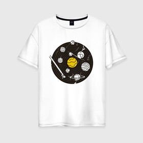 Женская футболка хлопок Oversize с принтом Виниловая пластинка Vynil , 100% хлопок | свободный крой, круглый ворот, спущенный рукав, длина до линии бедер
 | crack | cracks | disk | earth | jupiter | music | planet | planets | saturn | solar system | space | sun | vintage | vinyl | vynil | виниловый проигрыватель | винтаж | диск | дорожка | земля | игла | музыка | планеты | сатурн | солнечная система | солнце 