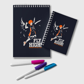 Блокнот с принтом fly high! Шоё Хината Haikyuu!! , 100% бумага | 48 листов, плотность листов — 60 г/м2, плотность картонной обложки — 250 г/м2. Листы скреплены удобной пружинной спиралью. Цвет линий — светло-серый
 | 10 номер | anime | haikyu | haikyuu | hinata shoyo | karasuno | manga | аниме | волейбол | волейбольный клуб | иероглифы | карасуно | лети высоко | лого | манга | надпись | прыжок | старшая школа | хаику | хаикую