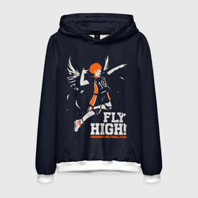 Мужская толстовка 3D с принтом fly high! Шоё Хината Haikyuu!! , 100% полиэстер | двухслойный капюшон со шнурком для регулировки, мягкие манжеты на рукавах и по низу толстовки, спереди карман-кенгуру с мягким внутренним слоем. | 10 номер | anime | haikyu | haikyuu | hinata shoyo | karasuno | manga | аниме | волейбол | волейбольный клуб | иероглифы | карасуно | лети высоко | лого | манга | надпись | прыжок | старшая школа | хаику | хаикую