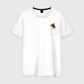 Мужская футболка хлопок с принтом PocketPuppy#3 , 100% хлопок | прямой крой, круглый вырез горловины, длина до линии бедер, слегка спущенное плечо. | cute | dog | puppy | карман | милый | мопс | собака | щенок