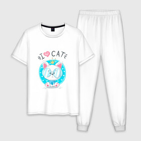 Мужская пижама хлопок с принтом Я люблю кота , 100% хлопок | брюки и футболка прямого кроя, без карманов, на брюках мягкая резинка на поясе и по низу штанин
 | cat | kawaii | kitten | kitty | блатной | кот | котенок | котик | кошачьи | кошка | милый