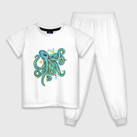 Детская пижама хлопок с принтом Осьминог , 100% хлопок |  брюки и футболка прямого кроя, без карманов, на брюках мягкая резинка на поясе и по низу штанин
 | акварель | бирюзовый | графика | морской | спрут | щупальца