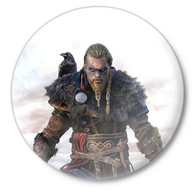 Значок с принтом Assassin?s Creed Вальгалла ,  металл | круглая форма, металлическая застежка в виде булавки | valhalla | вальгалла | викинг | ворон | ворона | игра