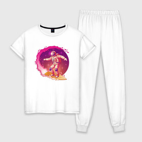 Женская пижама хлопок с принтом Космическая одиссея , 100% хлопок | брюки и футболка прямого кроя, без карманов, на брюках мягкая резинка на поясе и по низу штанин | астронавт | галактика | иллюстрация | серфинг | хобби