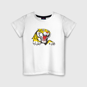 Детская футболка хлопок с принтом Тигр , 100% хлопок | круглый вырез горловины, полуприлегающий силуэт, длина до линии бедер | дыра | дырка | крупная кошка | разрывает | тигр | тигрица