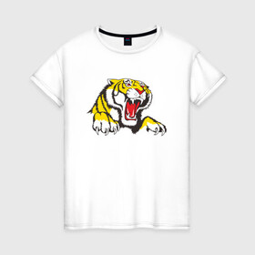 Женская футболка хлопок с принтом Тигр , 100% хлопок | прямой крой, круглый вырез горловины, длина до линии бедер, слегка спущенное плечо | дыра | дырка | крупная кошка | разрывает | тигр | тигрица
