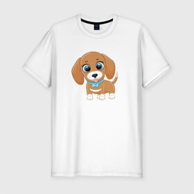 Мужская футболка хлопок Slim с принтом Собачка с бантиком , 92% хлопок, 8% лайкра | приталенный силуэт, круглый вырез ворота, длина до линии бедра, короткий рукав | cute | dog | woof | гав | забавный | пес | смешной | собака | щенок