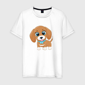 Мужская футболка хлопок с принтом Собачка с бантиком , 100% хлопок | прямой крой, круглый вырез горловины, длина до линии бедер, слегка спущенное плечо. | cute | dog | woof | гав | забавный | пес | смешной | собака | щенок
