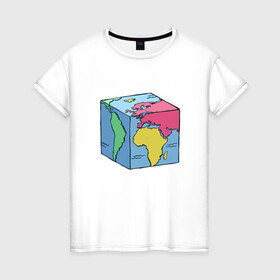 Женская футболка хлопок с принтом Квадратный глобус земли , 100% хлопок | прямой крой, круглый вырез горловины, длина до линии бедер, слегка спущенное плечо | art | cube | cubic | earth | europe | funny | globe | globus | humor | illustration | map | south america | америка | арт | африка | евразия | европа | земля | иллюстрация | карта | континенты | кубизм | кубическая карта | планета | прикол