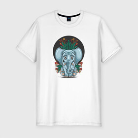 Мужская футболка хлопок Slim с принтом Слон и цветы , 92% хлопок, 8% лайкра | приталенный силуэт, круглый вырез ворота, длина до линии бедра, короткий рукав | cute | elephant | животное | милый | слон | слоненок | слоник | цветы