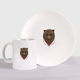 Набор: тарелка + кружка с принтом Крутой Медведь в очках , керамика | Кружка: объем — 330 мл, диаметр — 80 мм. Принт наносится на бока кружки, можно сделать два разных изображения. 
Тарелка: диаметр - 210 мм, диаметр для нанесения принта - 120 мм. | bear | grizzly | kuma | гриззли | гризли | грозный | крутой | медведь | медвежонок | мишка