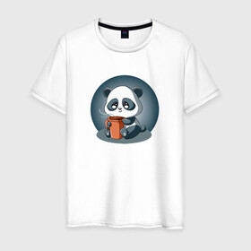 Мужская футболка хлопок с принтом Панда с кружкой кофе , 100% хлопок | прямой крой, круглый вырез горловины, длина до линии бедер, слегка спущенное плечо. | coffee | panda | животное | кофе | медведи | медведь | мишки | панда | панды