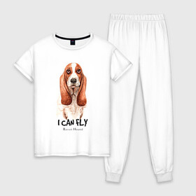 Женская пижама хлопок с принтом я могу летать бассет-хаунд , 100% хлопок | брюки и футболка прямого кроя, без карманов, на брюках мягкая резинка на поясе и по низу штанин | cute | dog | woof | бассет хаунд | гав | забавный | пес | смешной | собака | щенок