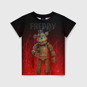 Детская футболка 3D с принтом FNAF FREDDY , 100% гипоаллергенный полиэфир | прямой крой, круглый вырез горловины, длина до линии бедер, чуть спущенное плечо, ткань немного тянется | игры | искры | красный | стиль | фнаф | фредди