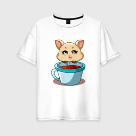 Женская футболка хлопок Oversize с принтом Котик с кружкой кофе , 100% хлопок | свободный крой, круглый ворот, спущенный рукав, длина до линии бедер
 | cat | kawaii | kitten | kitty | pussycat | кот | котенок | котик | кофе | кошачьи | кошка | кружка | милый