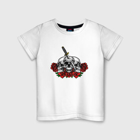 Детская футболка хлопок с принтом Три черепа кинжал и розы , 100% хлопок | круглый вырез горловины, полуприлегающий силуэт, длина до линии бедер | dark | tattoo | кинжал | розы | скелет | тату | татуировка | череп | черепа | черепушка