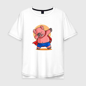 Мужская футболка хлопок Oversize с принтом Свинка супермен даббинг , 100% хлопок | свободный крой, круглый ворот, “спинка” длиннее передней части | dab | pig | даб | даббинг | животное | свинка | свинья | супермен | хрюша | хрюшка