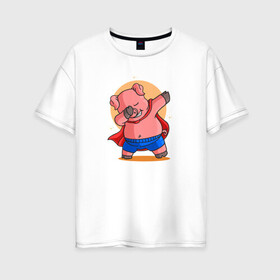Женская футболка хлопок Oversize с принтом Свинка супермен даббинг , 100% хлопок | свободный крой, круглый ворот, спущенный рукав, длина до линии бедер
 | dab | pig | даб | даббинг | животное | свинка | свинья | супермен | хрюша | хрюшка